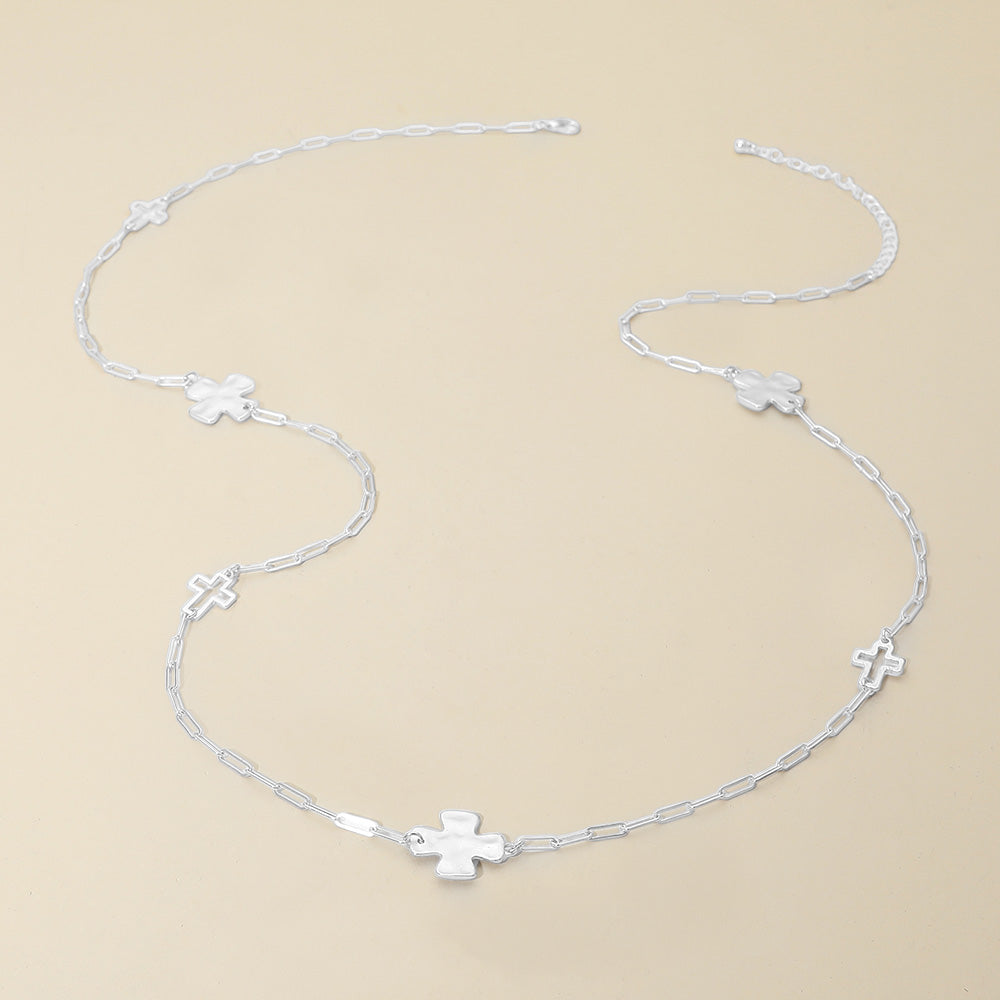 Hammered Metal Cross Charm Station Paperclip Chain Long Necklace
