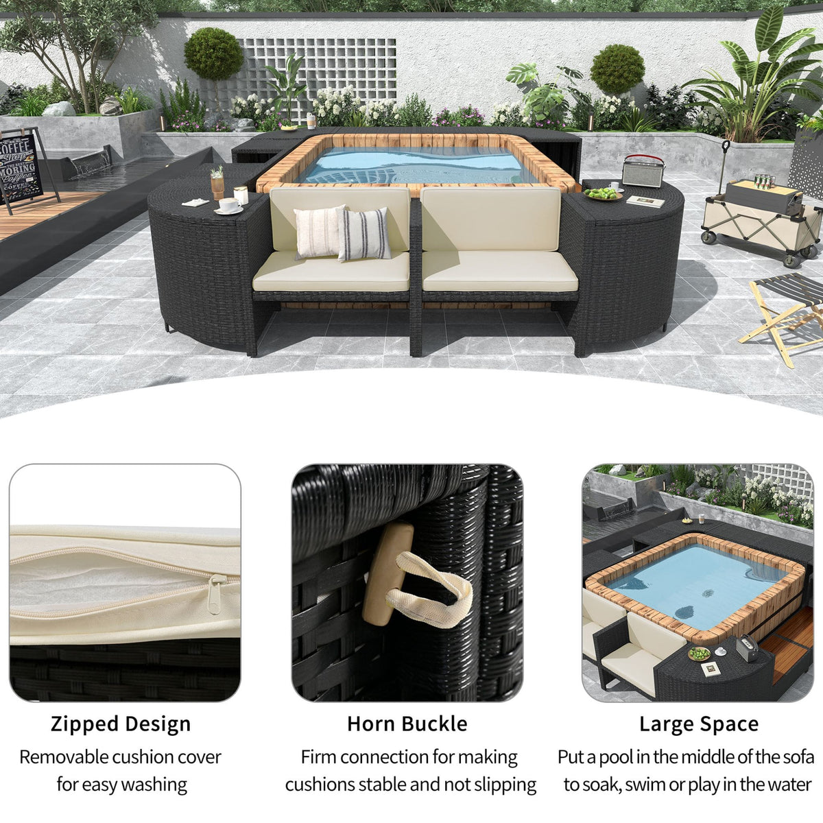 Large Outdoor Quadrilateral Spa Surround Rattan Sectional Sofa Set With Storage Compartments (SAK80217)