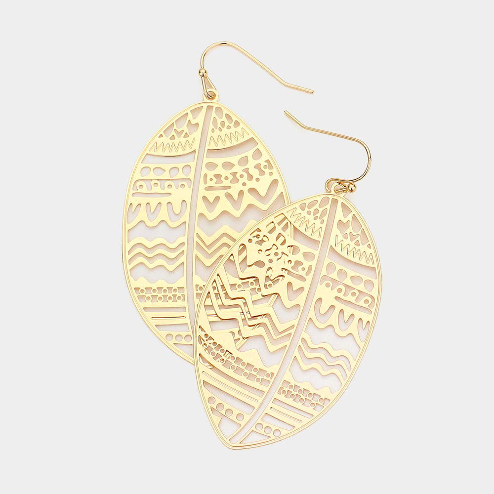 Brass Metal Filigree Abstract Oval Dangle Earrings