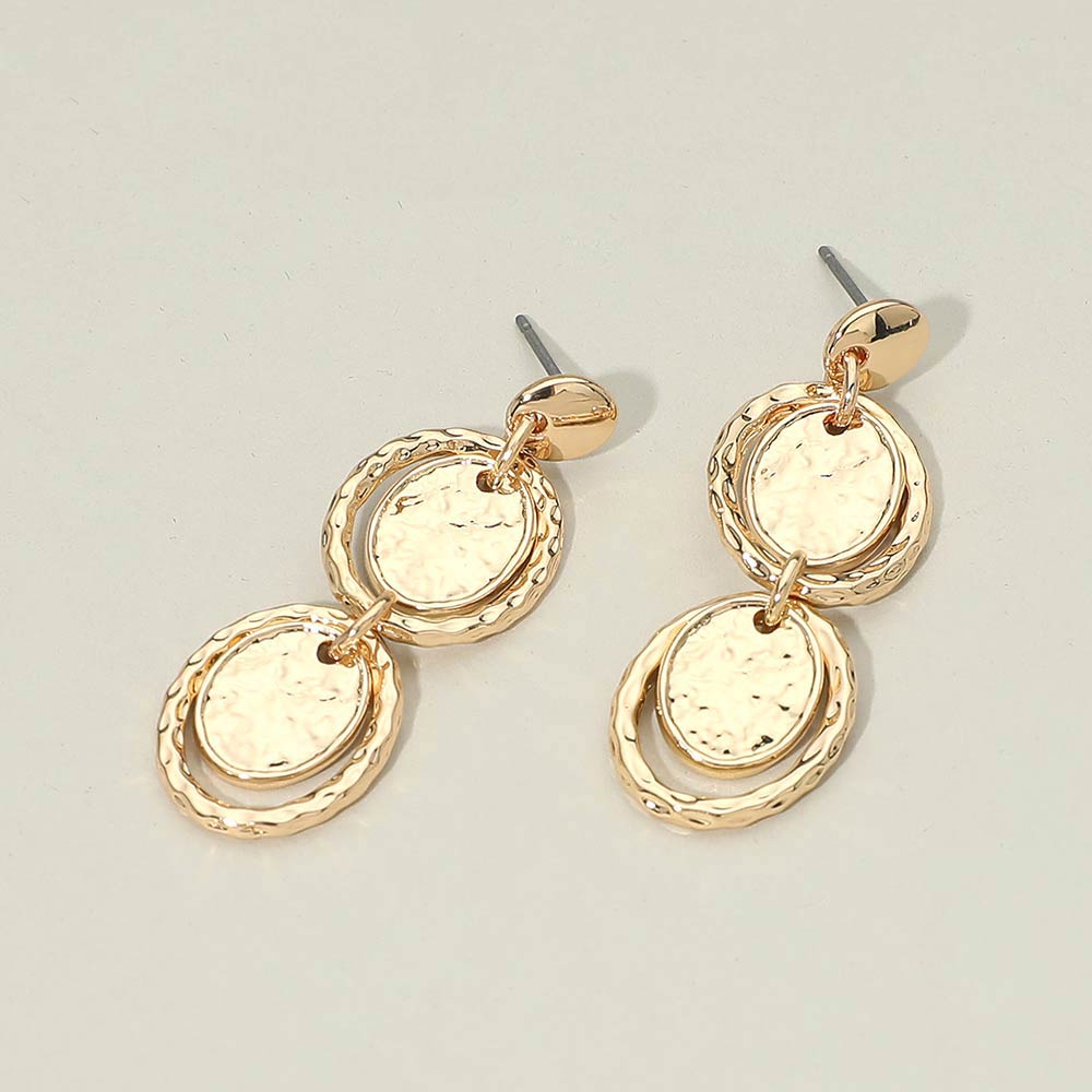 Hammered Metal Layered Oval Disc Link Drop Earrings