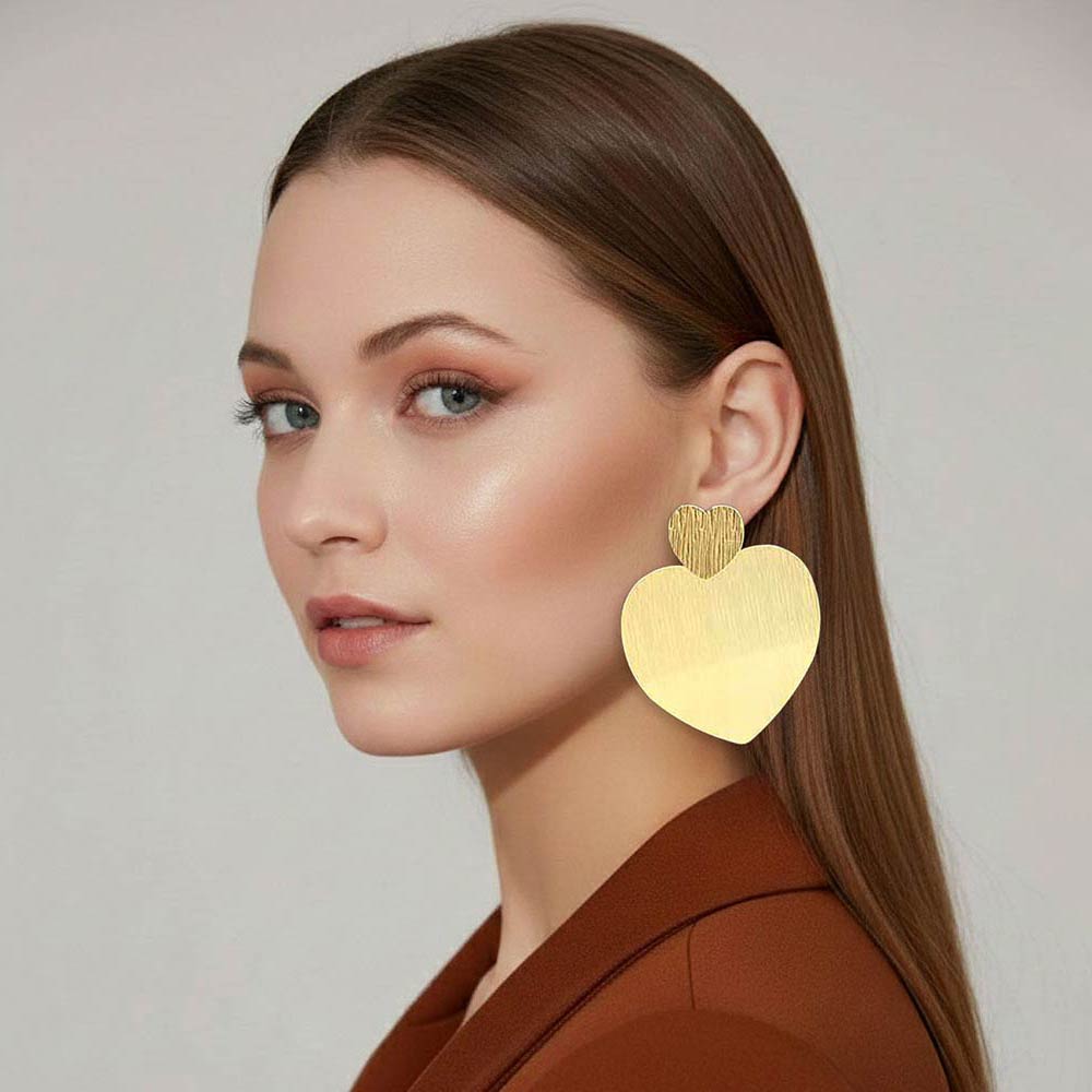 Bold Metal Heart Plated Link Drop Statement Earrings