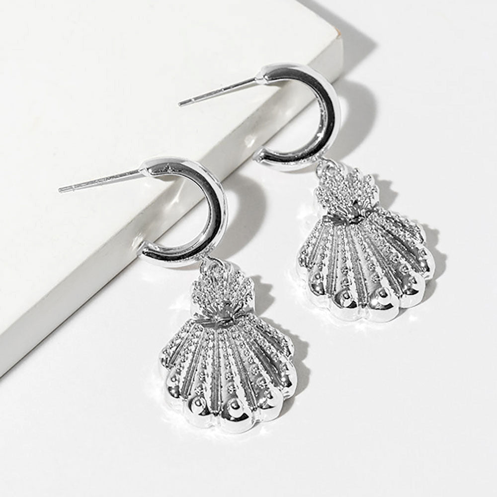 White Gold Dipped Textured Scallop Shell Drop Dangle Mini Hoop Earrings