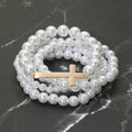 5PCS - Cross Accent Pearl Beaded Stretch Multi Layered Bracelets