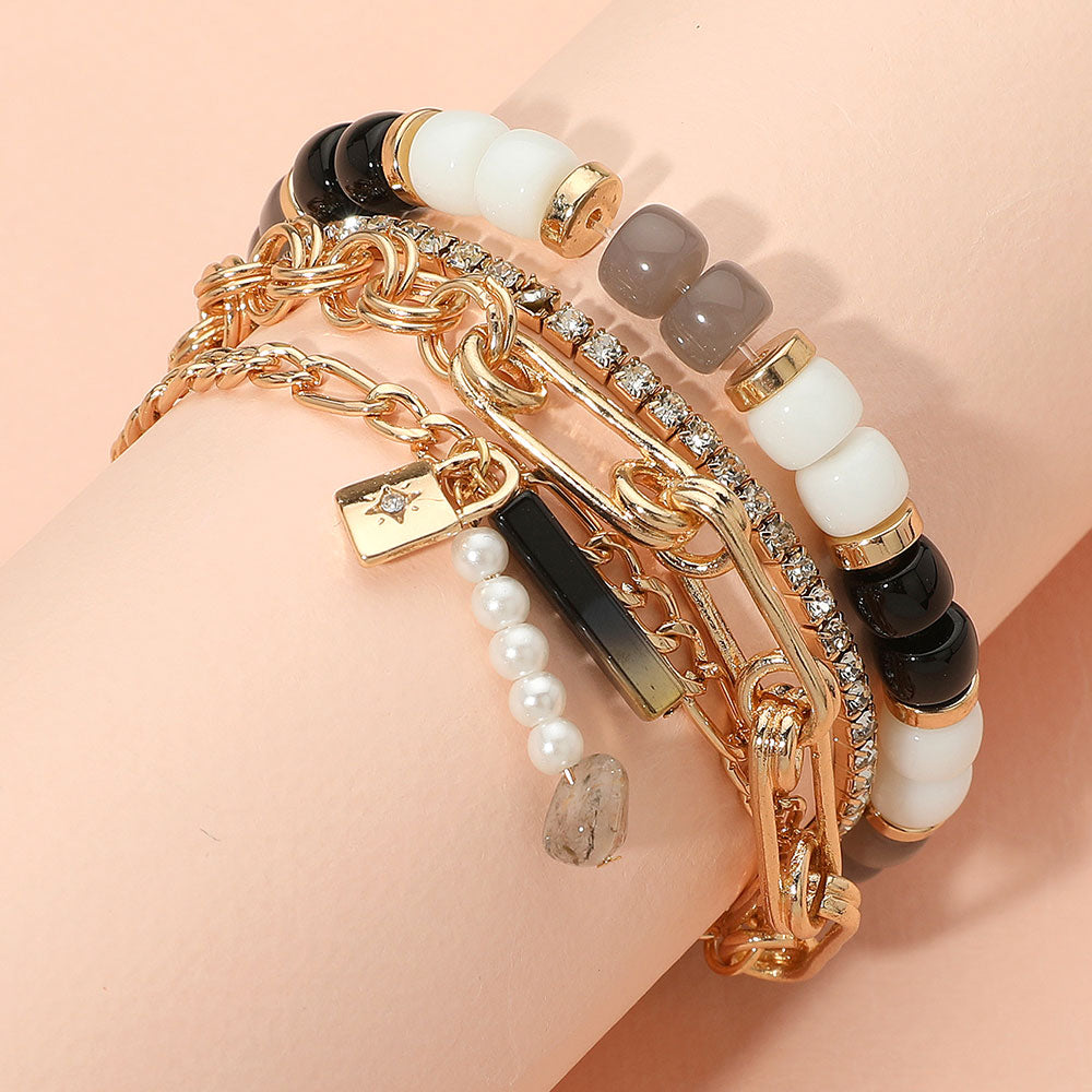 3PCS - Pearl Lock Charm Metal Chain Link Beaded Bracelets