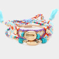 3PCS - Metal Puka Shell Pointed Aztec Pattern Thread Braided Metal Charm Pointed Adjustable Multi Beaded Stretch Bracelets