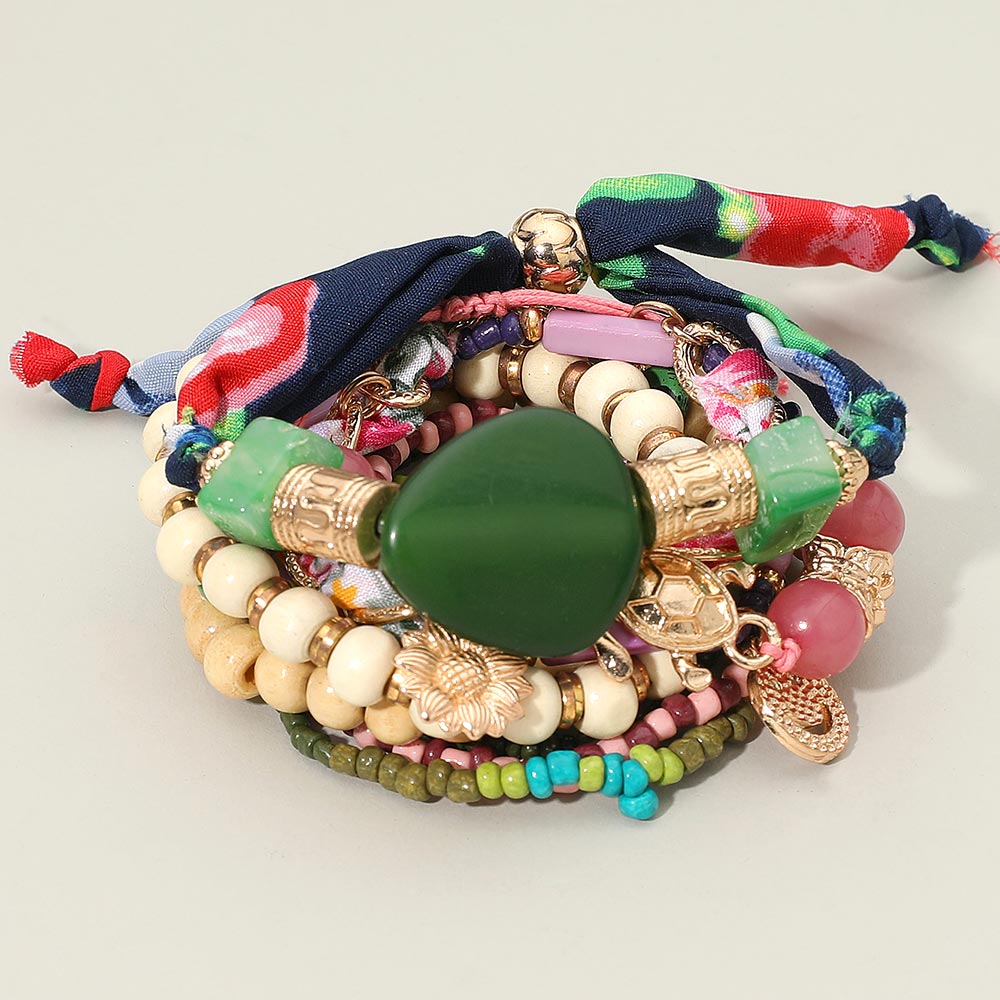 10PCS - Boho Flower Turtle Charm Accent Wood Beaded Stretch Adjustable Multi Layered Bracelets