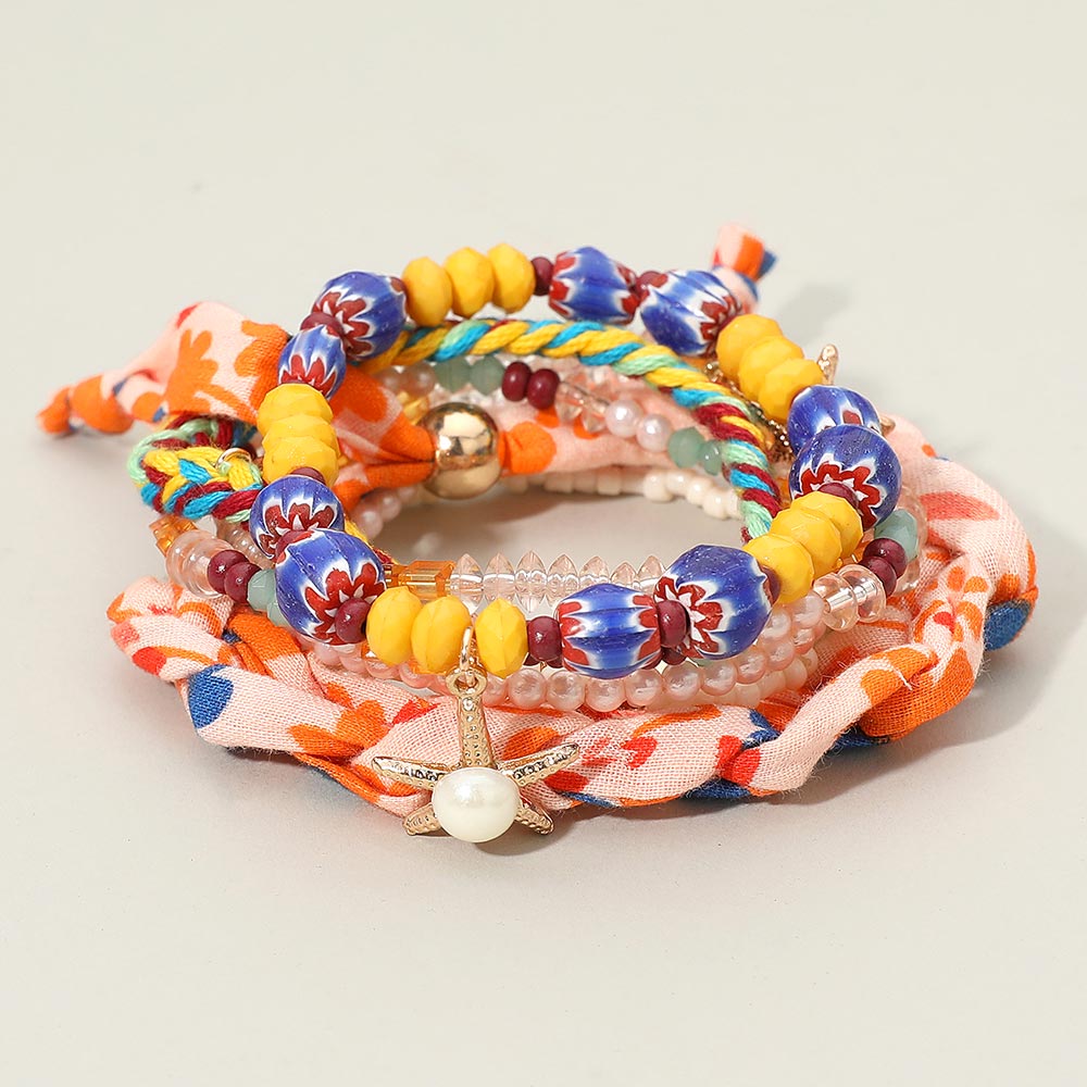 7PCS - Boho Pearl Starfish Shell Charm Beaded Stretch Adjustable Multi Layered Bracelets