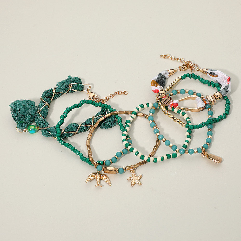 7PCS - Boho Bird Starfish Lace Tassel Charm Beaded Stretch Multi Layered Bracelets