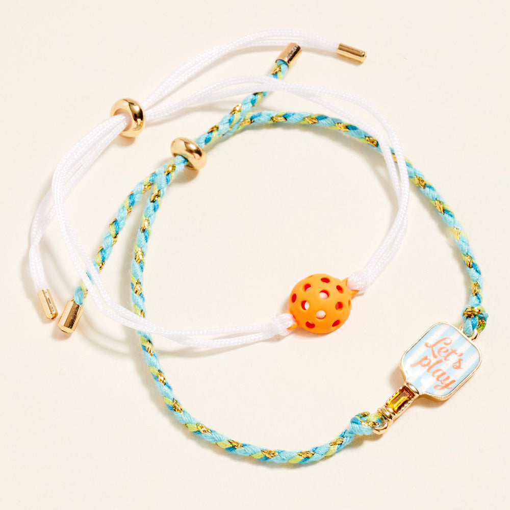 2PCS - LETS PLAY Pickleball Paddle Ball Accent Adjustable Cinch Pull Tie Bracelets
