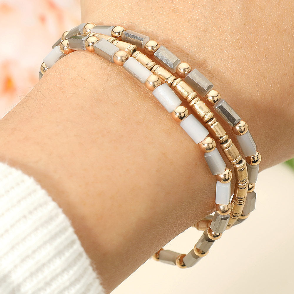 3PCS - Faceted Tube Beaded Stretch Multi Layered Bracelets