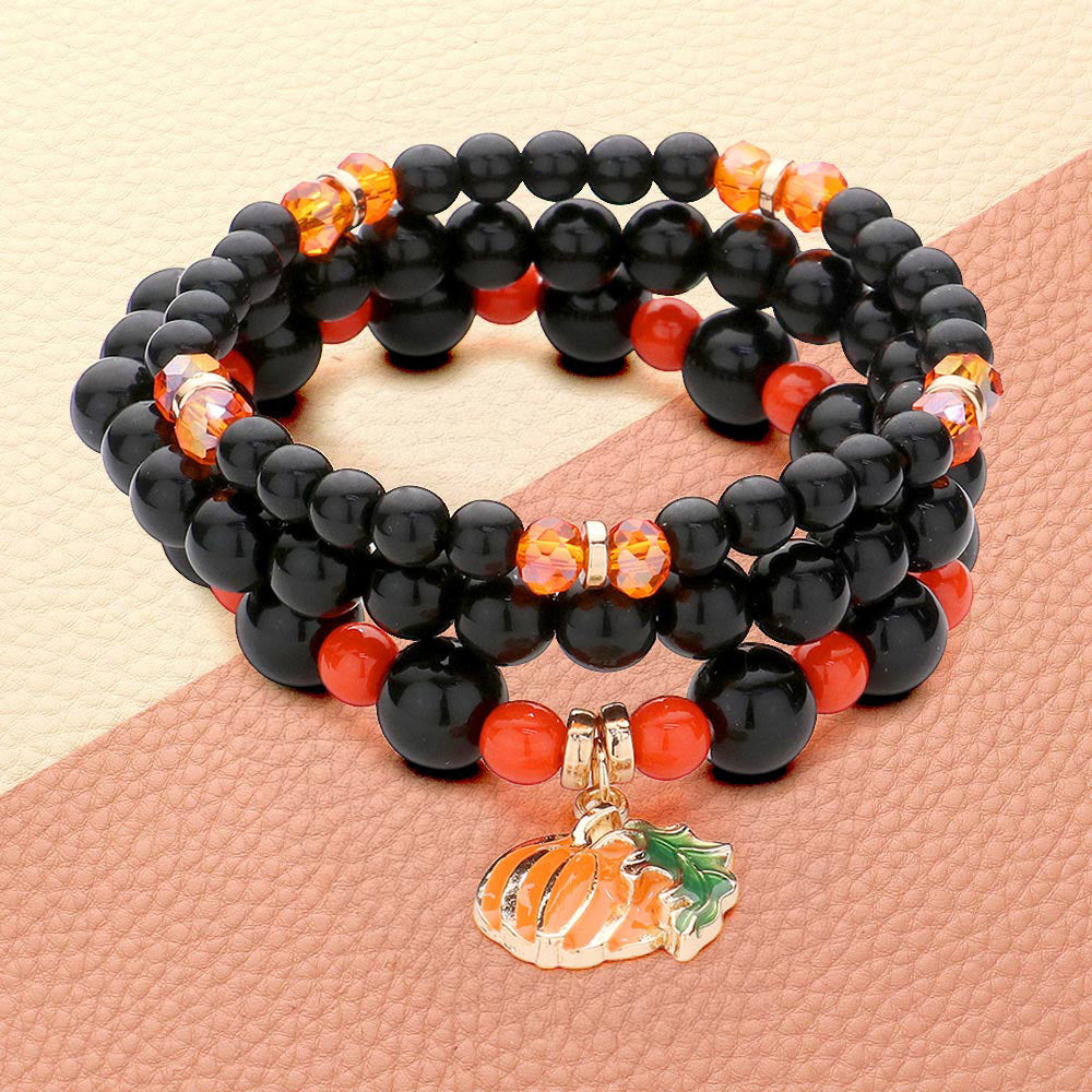 3PCS - Pumpkin Charm Beaded Stretch Bracelets