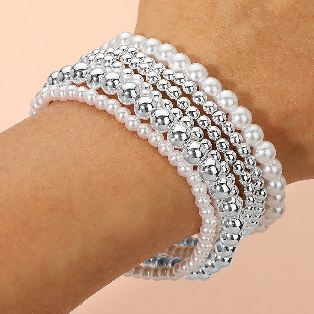 Metal Ball Pearl Beaded Stretch Stackable Multi Layered Bracelets