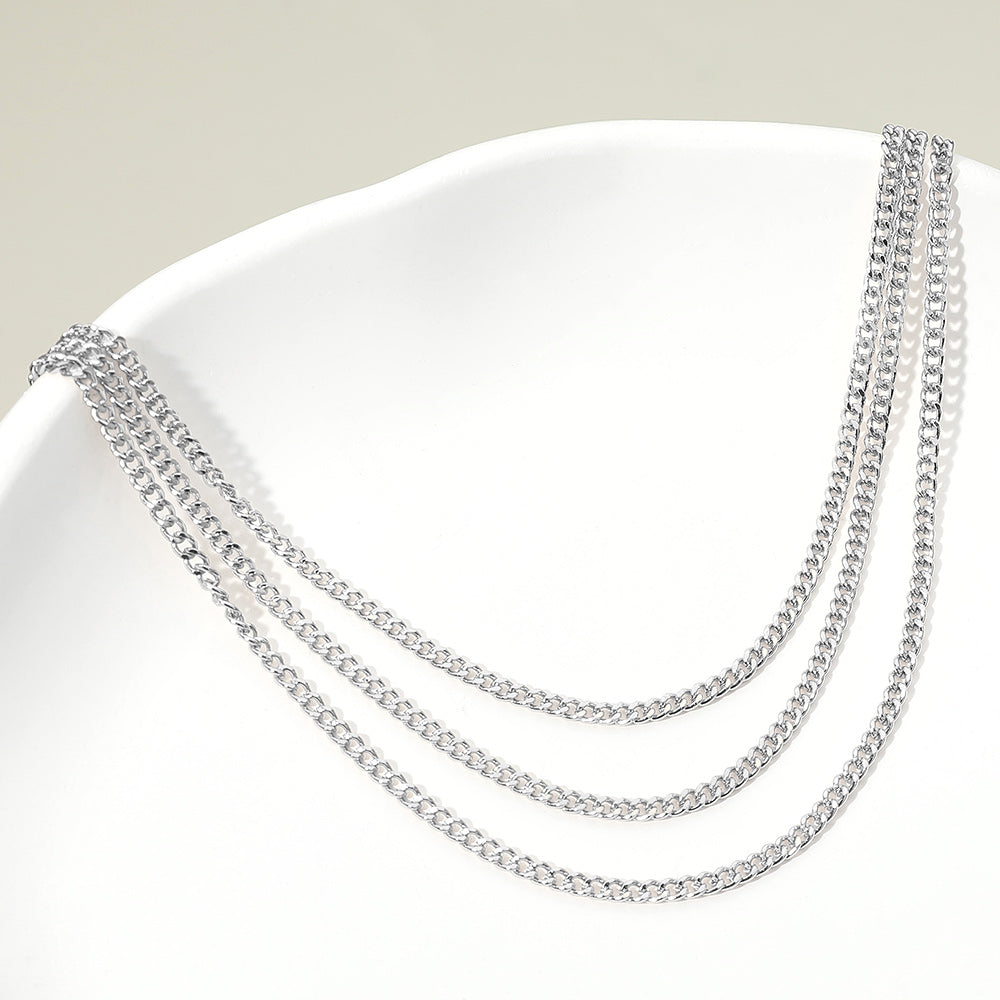 Silver Dipped Triple Layer Classic Curb Chain Necklace