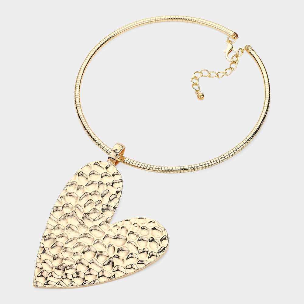 Textured Metal Heart Pendant Statement Necklace