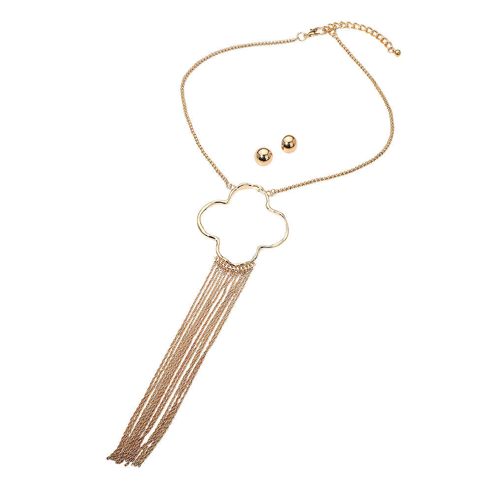 Open Quatrefoil Fringe Tassel Accent Statement Necklace