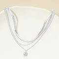 White Gold Dipped Zodiac Moon Sunburst Coin Pendant Accent Herringbone Chain Layered Necklace