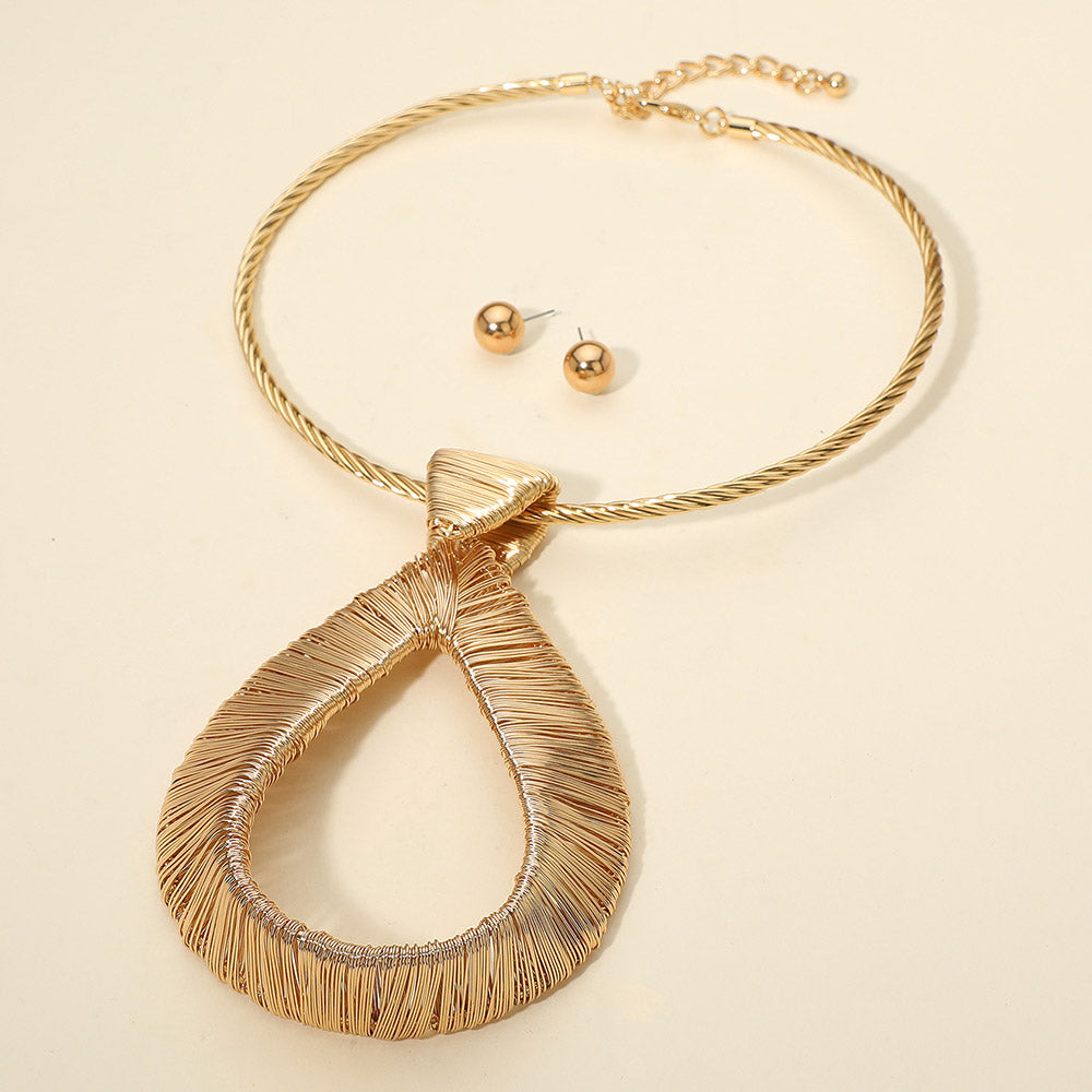 Bold Metal Wire Wrapped Teardrop Pendant Statement Necklace