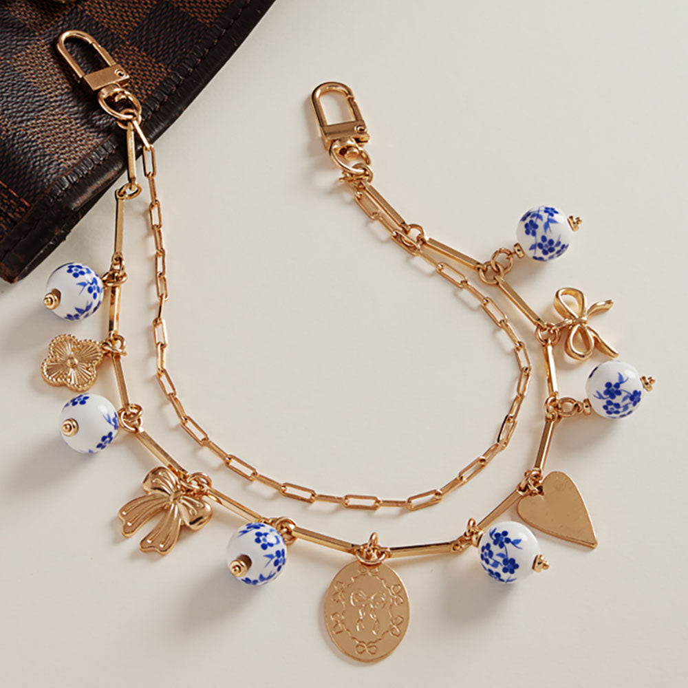 Floral Ceramic Ball Metal Bow Heart Quatrefoil Charm Station Layered Chain Bag Charm