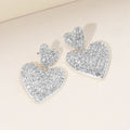 Silver Dipped Rhinestone Pave Double Heart Link Drop Earrings