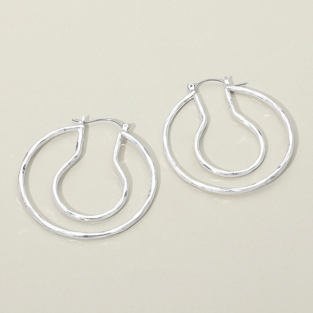 Hammered Metal Organic Layered Pin Catch Hoop Earrings