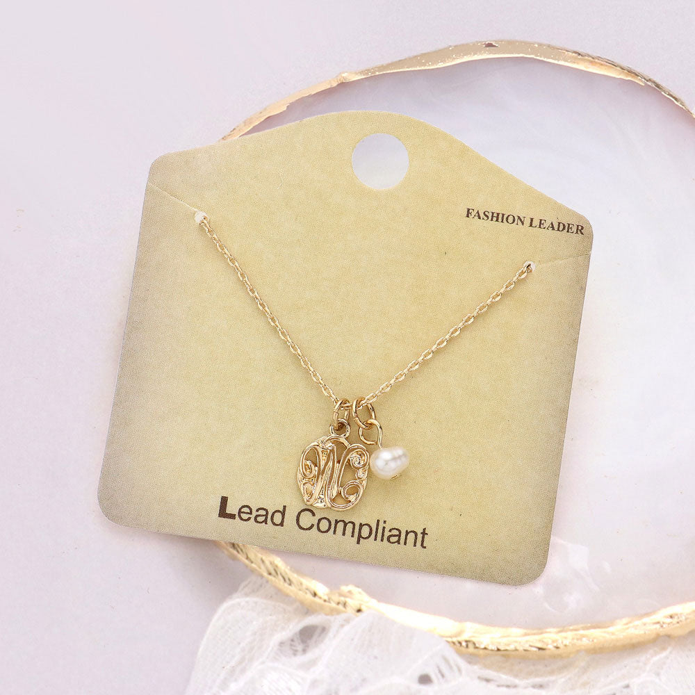 -W- Initial Monogram Pearl Pendant Necklace