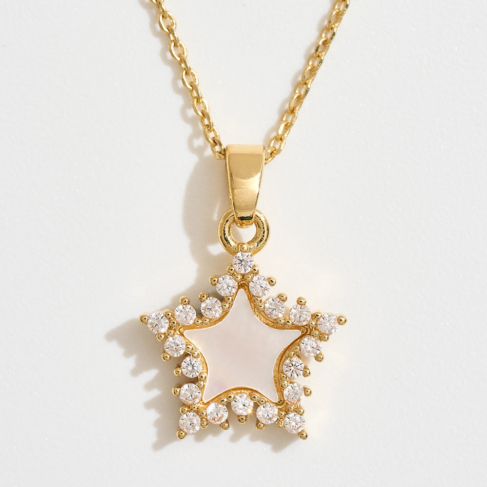 14K Gold Dipped CZ Stone Rim Mother of Pearl Star Pendant Necklace