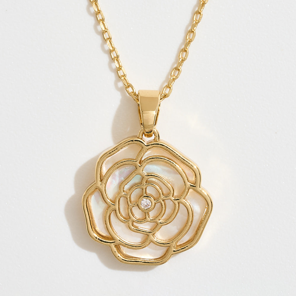 14K Gold Dipped CZ Stone Accent Mother of Pearl Rose Pendant Necklace