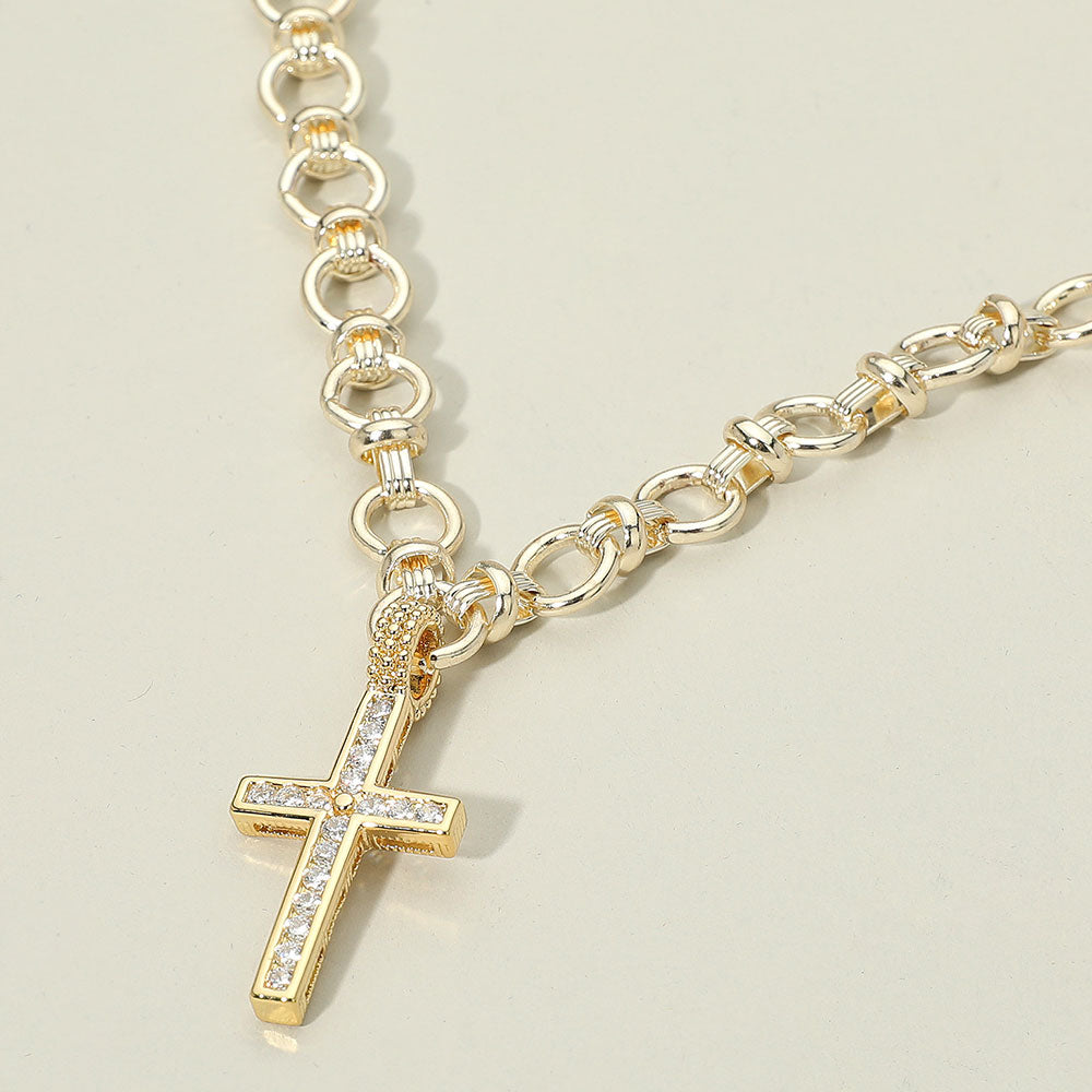 14K Gold Plated CZ Stone Paved Cross Pendant Chunky Circle Link Chain Necklace