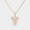-Y- Rhinestone Initial Monogram Pendant Brass Chain Necklace