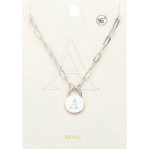 -A- Brass Metal Initial Monogram Lock Pendant Necklace