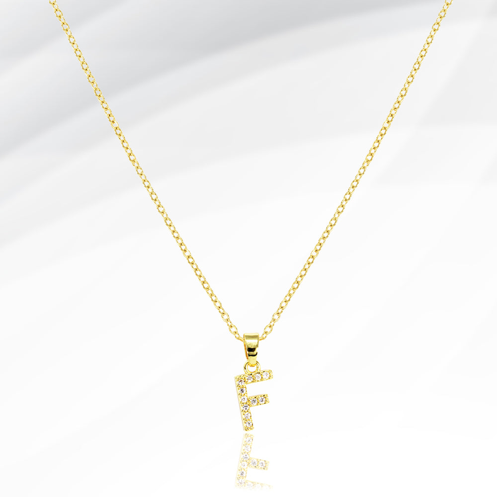 -F- Stainless Steel CZ Stone Paved Initial Monogram Pendant Necklace