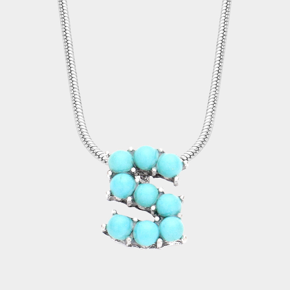 -S- Natural Stone Initial Monogram Pendant Necklace