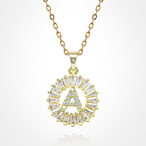 -A- Stainless Steel CZ Stone Embellished Round Initial Monogram Pendant Necklace