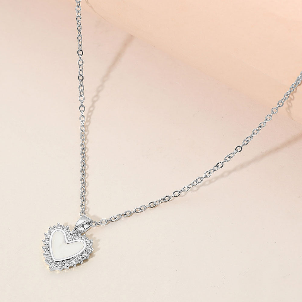 Stainless Steel CZ Trim Mother of Pearl Heart Pendant Necklace
