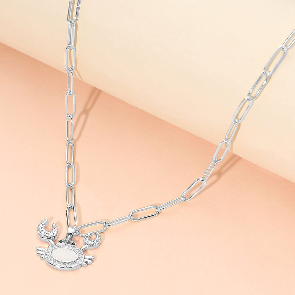 Stainless Steel Mother of Pearl CZ Stone Paved Crab Charm Pendant Paperclip Chain Necklace
