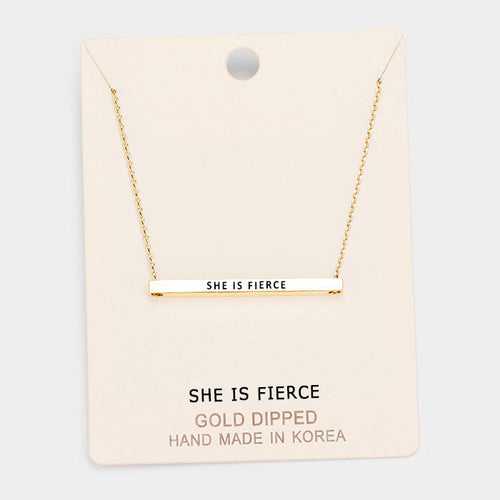 'She Is Fierce' Horizontal Metal Bar Pendant Necklace