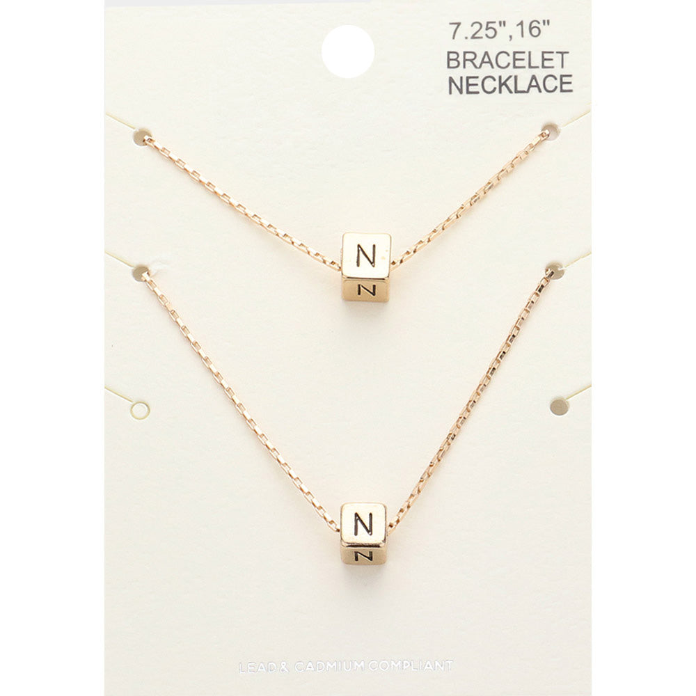 2PCS - -N- Initial Monogram Metal Cube Pendant Necklace / Bracelet Set