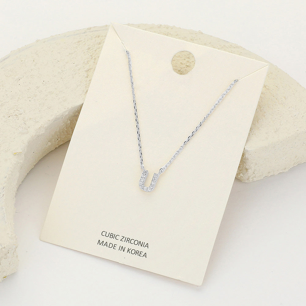 -U- CZ Stone Paved Initial Monogram Pendant Necklace