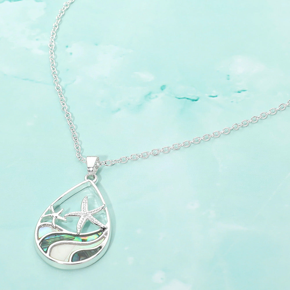 Abalone Starfish Wave Teardrop Pendant Necklace