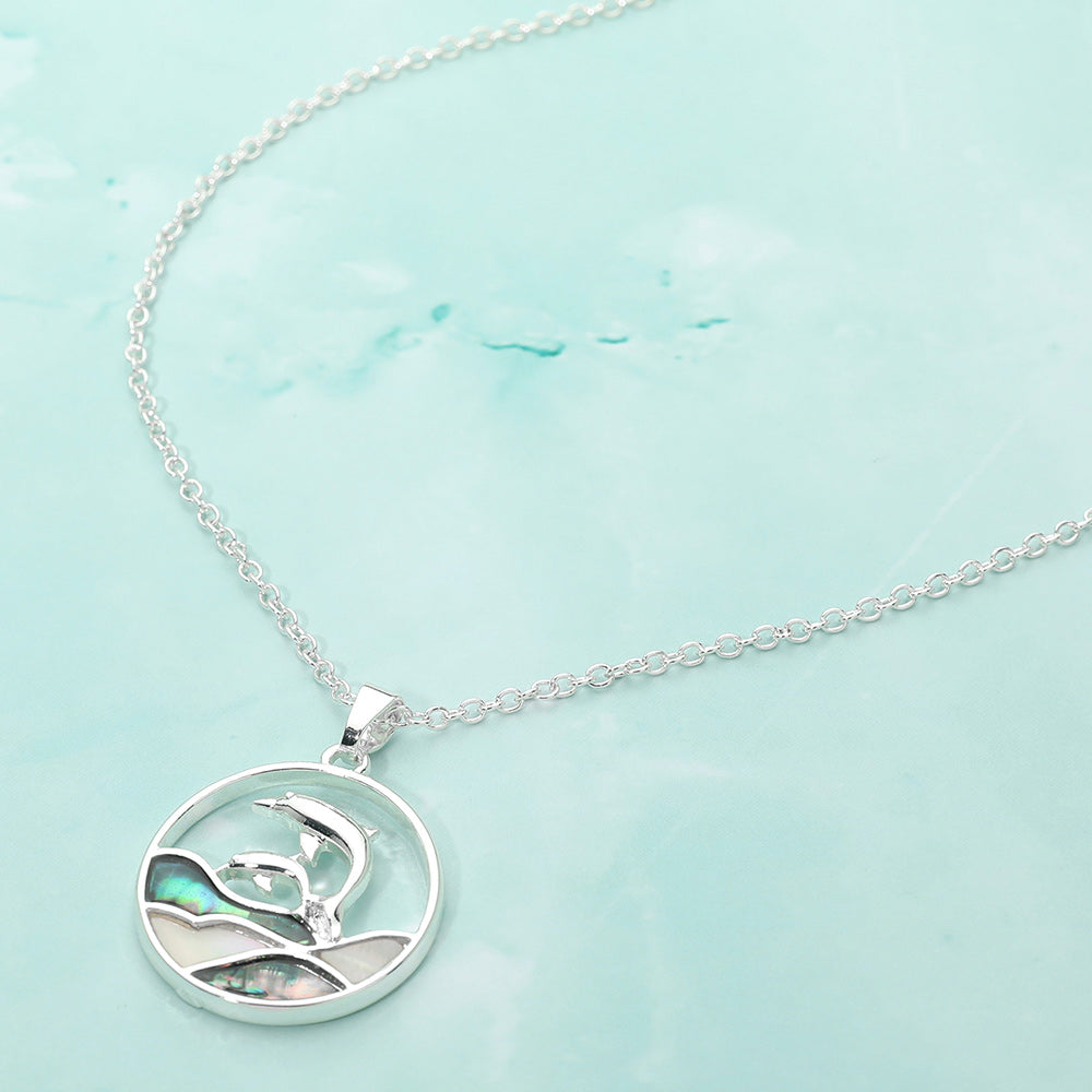Abalone Double Dolphin Wave Round Pendant Necklace