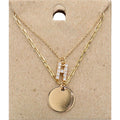 -H- Rhinestone Initial Initial Monogram Metal Disc Pendant Double Layered Necklace