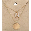 -W- Rhinestone Initial Monogram Metal Disc Pendant Double Layered Necklace