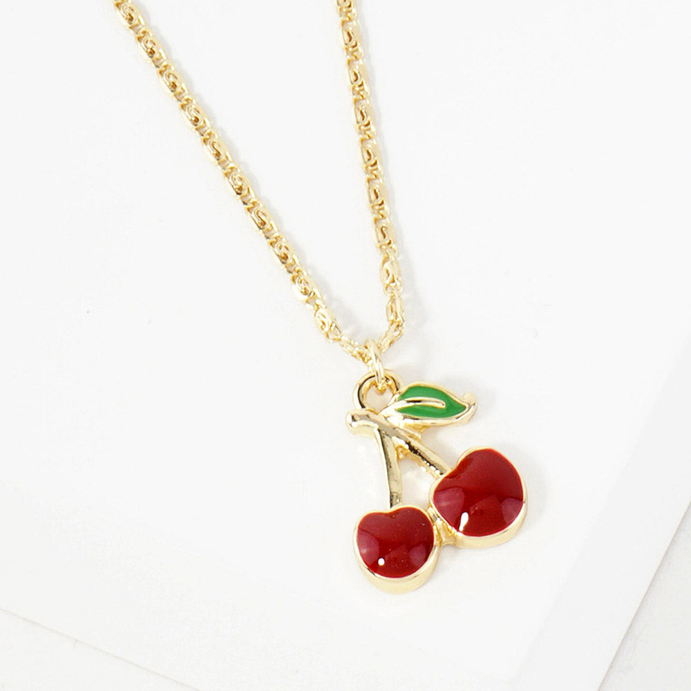 Gold Dipped Enamel Cherry Pendant Necklace