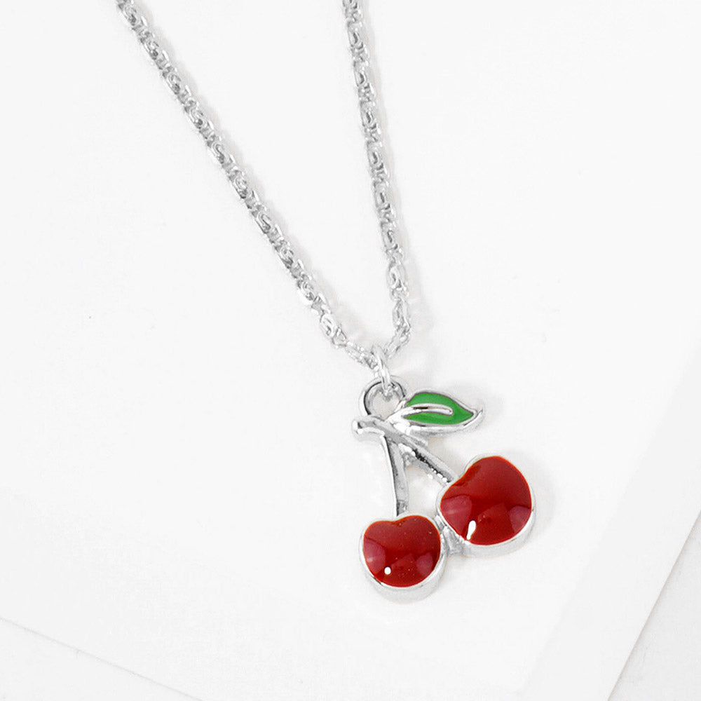 White Gold Dipped Enamel Cherry Pendant Necklace