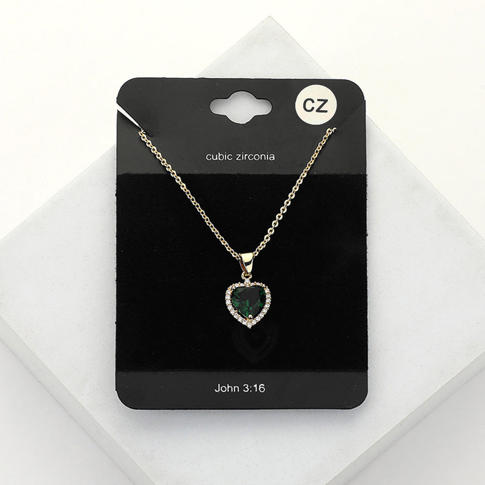 Women's CZ Heart Stone Pendant Necklace