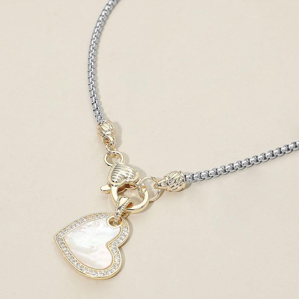 14K Gold Plated Two Tone CZ Stone Paved Mother of Pearl Heart Pendant Necklace