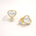 14K Gold Dipped CZ Accent Pearl Heart Huggie Hoop Earrings