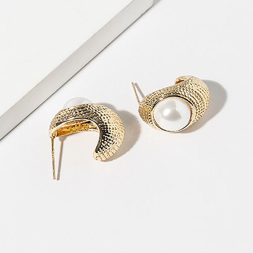 Gold Dipped Pearl Accent Textured Crescent Hoop Earrings