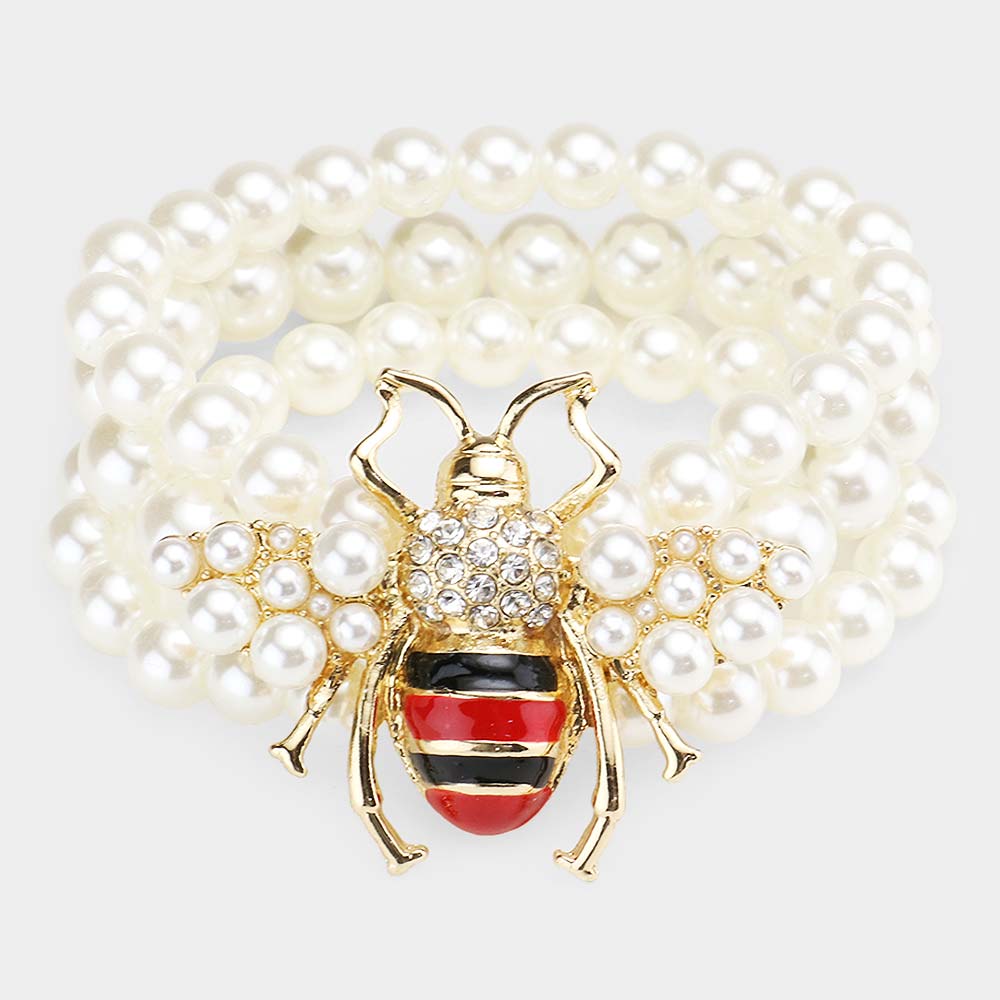 3Rows Pearl Honey Bee Accented Stretch Bracelet