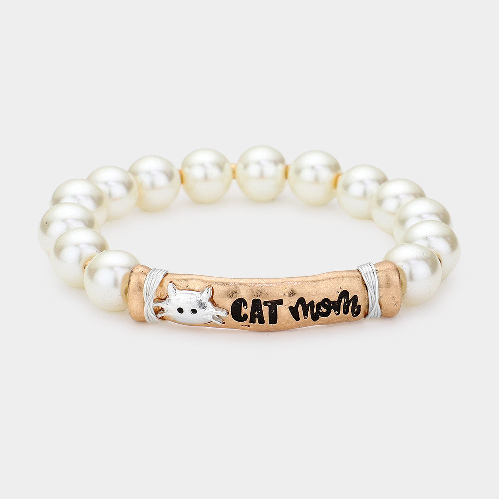 CAT mom Message Pearl Stretch Bracelet